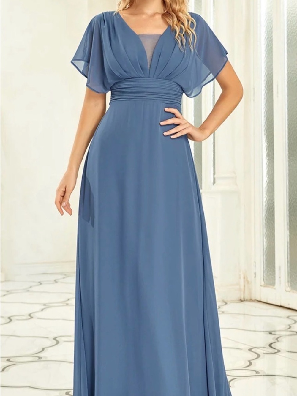 Ever Pretty Dusty Blue V-Neck Flutter Sleeve Maxi Dress